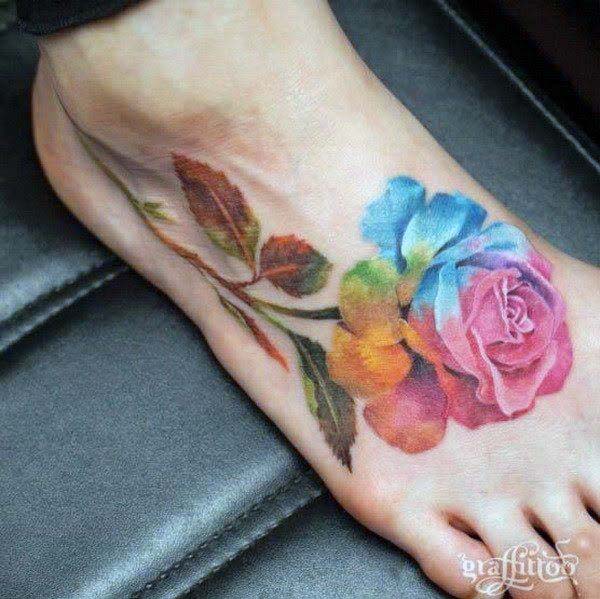 Blurred Multi Colored Rose Tattoo Womens Foot