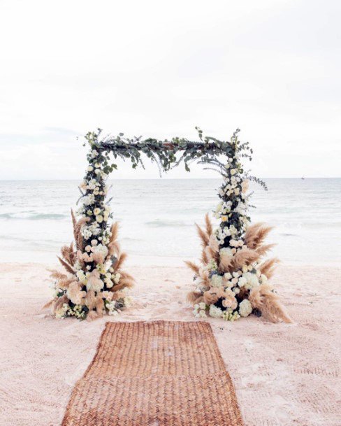 Bohemian Beach Theme Greenery With Dried Pompas Grass Wedding Arch Ideas