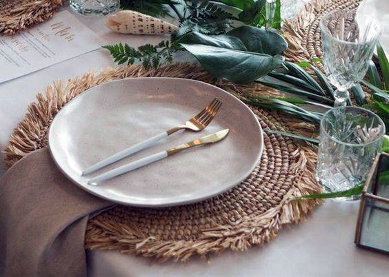 Bohemian Placesettings With Tropical Greenery Decor Beach Wedding Ideas