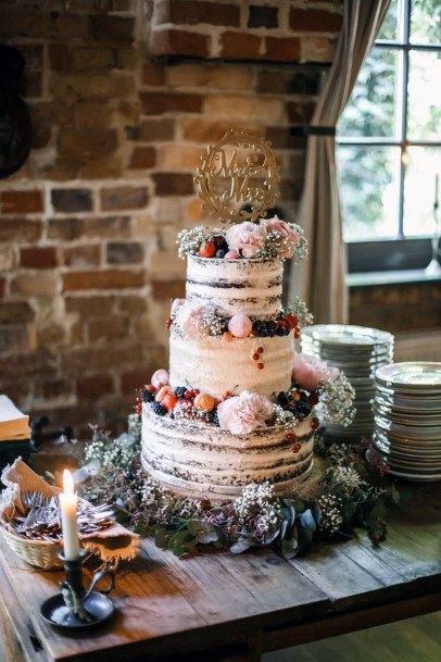 Bohemian Semi Naked Natural Cake With Berries And Flowers Wedding Cake Ideas