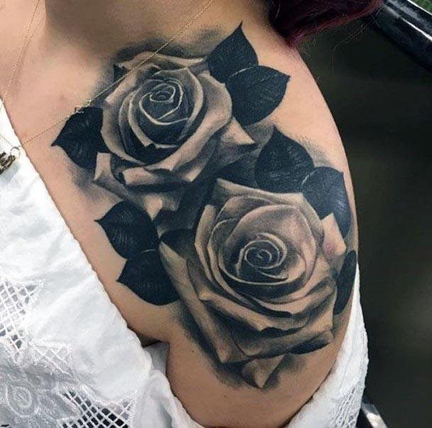 Bold Black Roses Tattoo Womens Shoulders