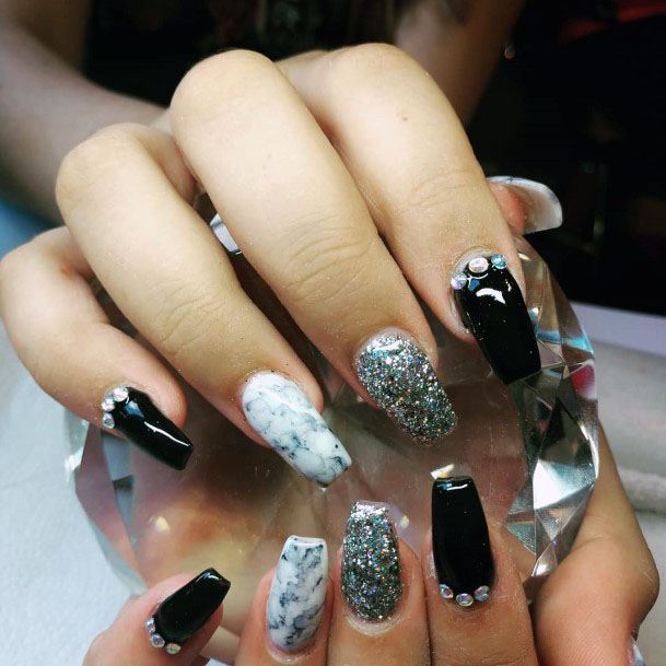 Bold Block Silver And Black Nails Women