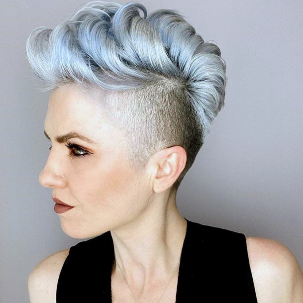 Bold Blue And White Shaved Side Layered Pixie Womens Hairstyle