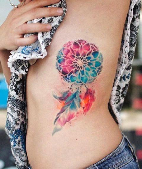Bold Colored Dream Catcher Tattoo Womens Torso