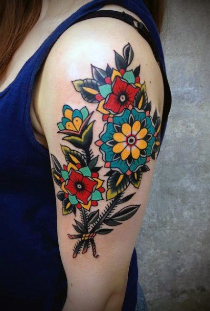 Bold Colored Traditional Tattoo Women Arms