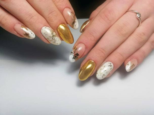 Bold Gold Block And White Nails