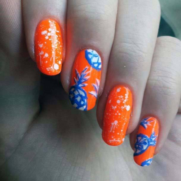 Bold Orange With Blue Fruits Nails For Women