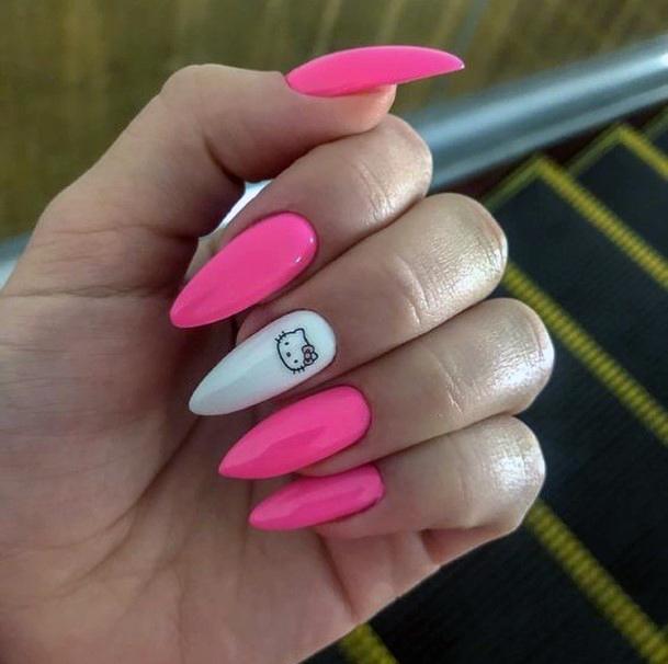 Bold Pink And White Hello Kitty Nails