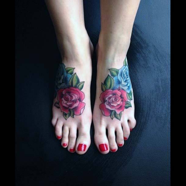 Bold Pink Rose Tattoo Womens Foot