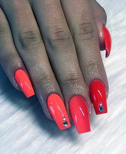 Bold Red Orane Nails With Crystals For Women