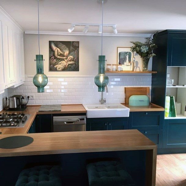 Bold Teal Cabinets Small Kitchen Ideas