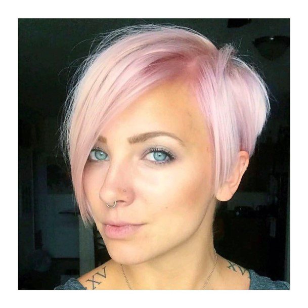 Bold White And Pink Slanted Bunt Cut Pixie Womens Hairstyle