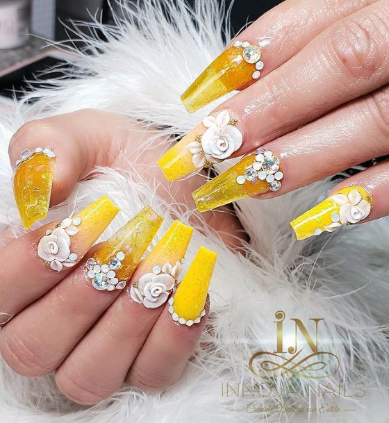 Bold Yellow Nails With White 3d Flowers Women