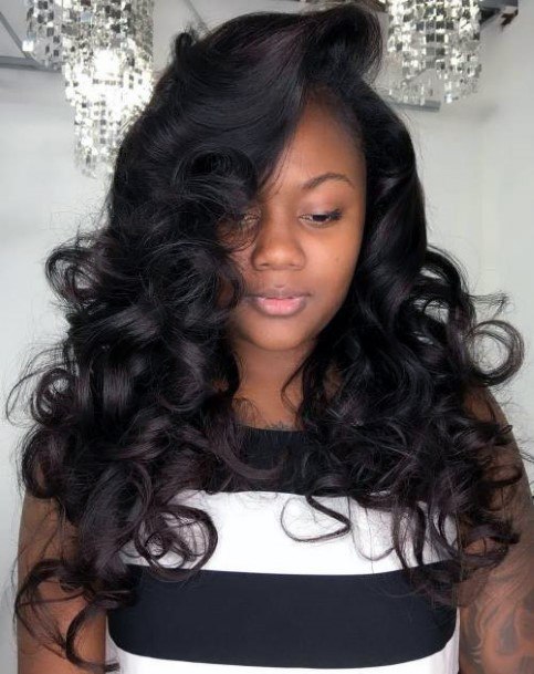 Bombshell Layered And Luxurious Black Bouncy Curls Women’s Hairstyle Idea