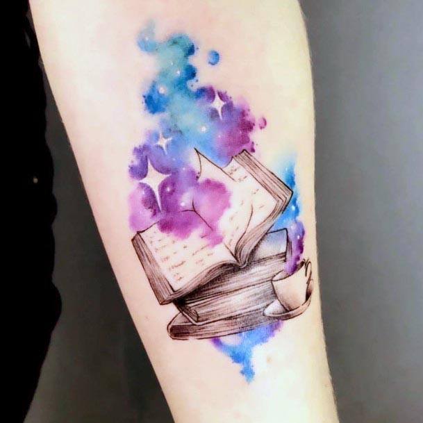 Books Coffee Purple Watercolor Tattoo Forearms Women