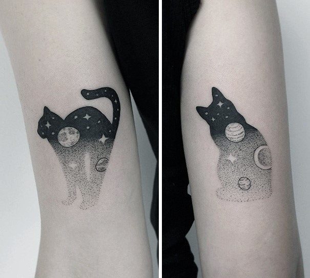 Bouncy Cat With Planets Art Tattoo For Women