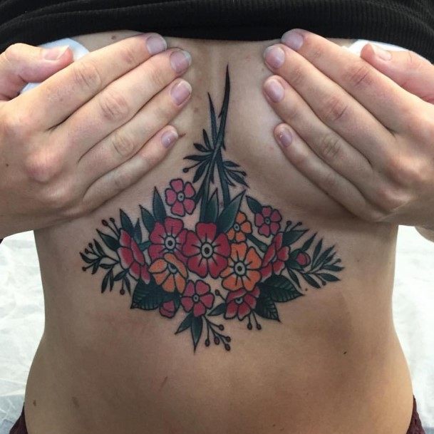 Bouquet Of Flowers Womens Chest Tattoo