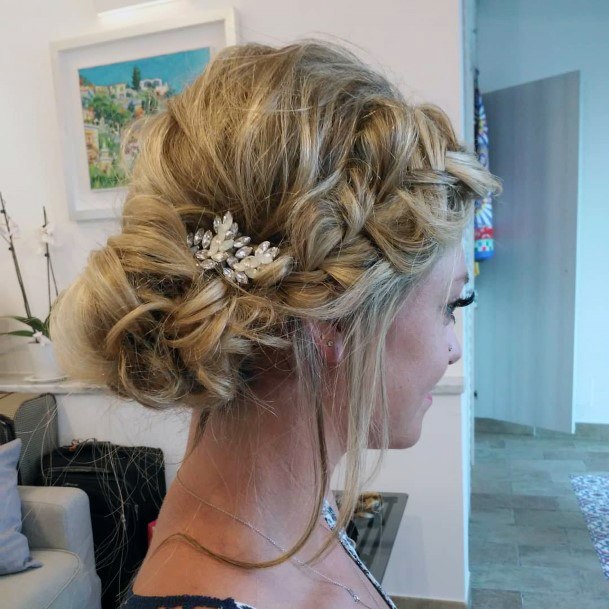 Braided Blonde Hairstyle With Texture Low Bun Pretty With Rhinestones