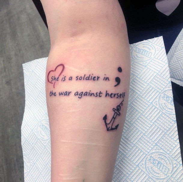 Bravery Quote With Semi Colon And Anchor Tattoo Womens Forearms