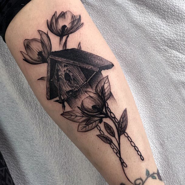 Breathtaking Birdhouse Tattoo On Girl