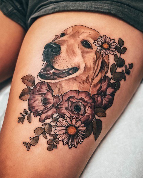 Breathtaking Daisy Tattoo On Girl Dog Themed Thigh