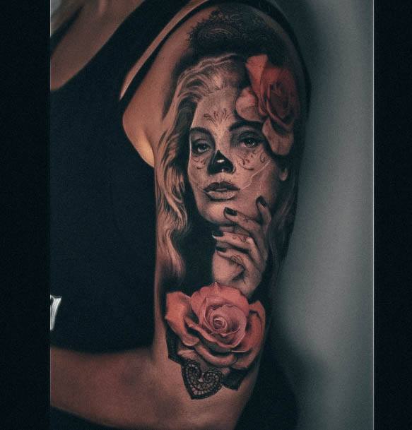 Breathtaking Day Of The Dead Tattoo On Girl