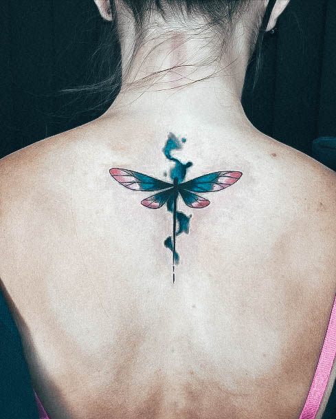 Breathtaking Dragonfly Tattoo On Girl Watercolor Back Spine