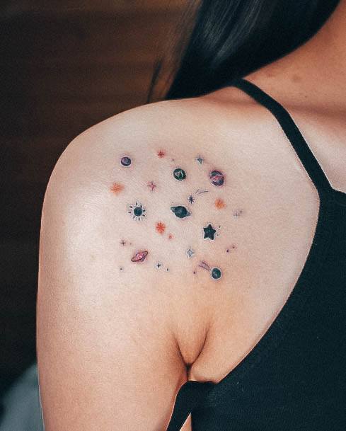 Breathtaking Galaxy Tattoo On Girl Planets And Stars Shoulder