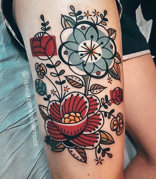 Breathtaking Girly Tattoo On Girl Retro Thigh Flowers