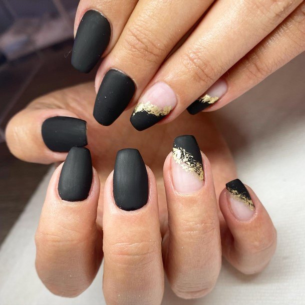 Breathtaking Matte Black And Gold Nail On Girl