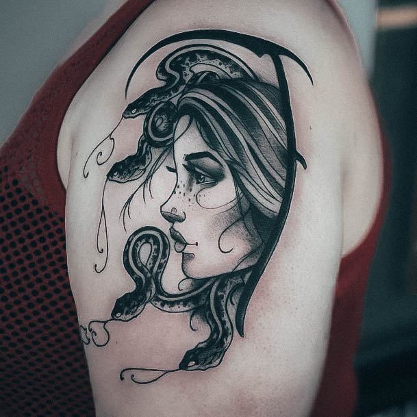 Breathtaking Medusa Tattoo On Girl Upp Arm