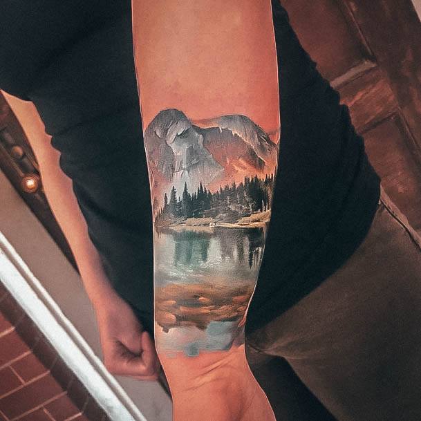 Breathtaking Mountain Tattoo On Girl Forearm Sleeve 3d Realistic