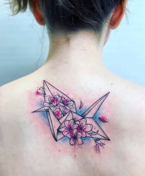 Breathtaking Origami Tattoo On Girl Crane Back