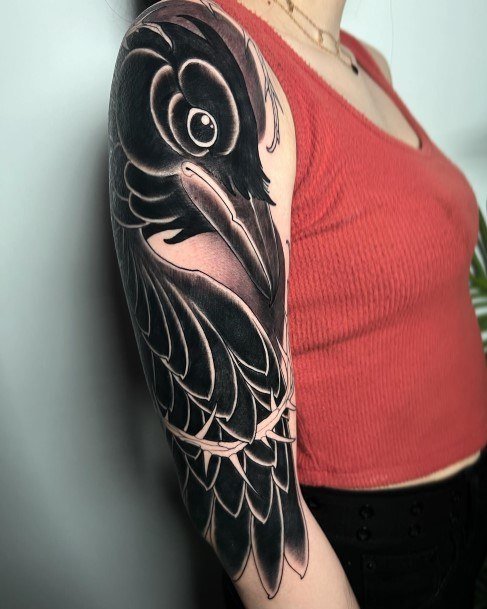 Breathtaking Raven Tattoo On Girl Half Sleeve Traditional