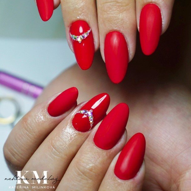 Breathtaking Red With Diamond Rhinestones Nail On Girl