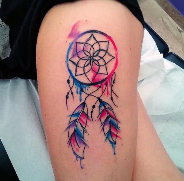 Bright Candy Pink With Blue Dream Catcher Tattoo Womens Thighs