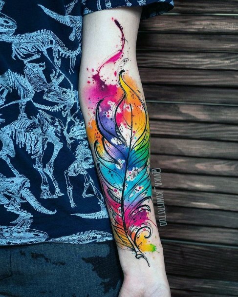 colored feather with birds tattoo