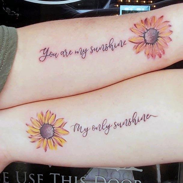 Bright Floral Quote Tattoo Mother Daughter Forearms