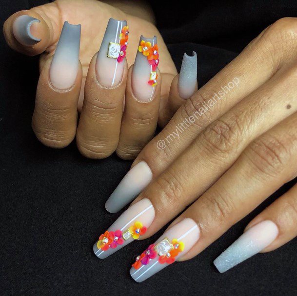 Bright Flowers Grey Ombre Nails