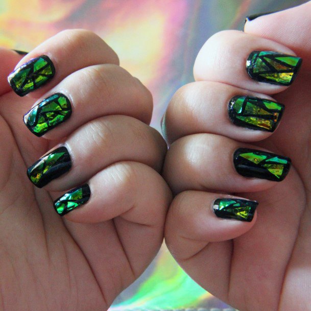 Bright Green On Black Glass Nails Women