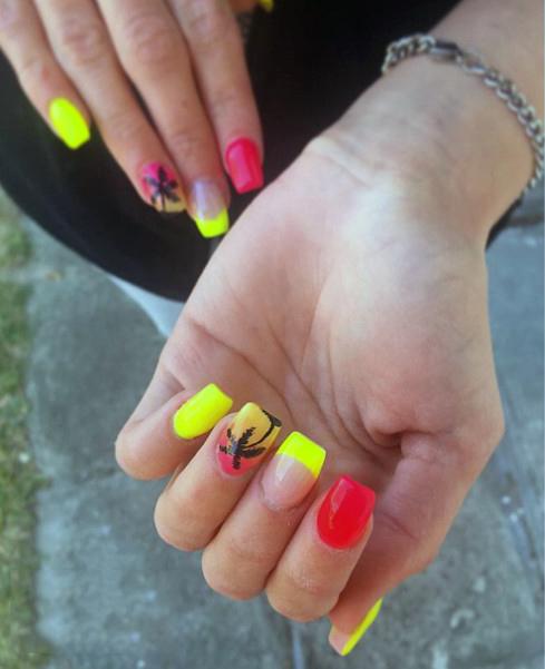 Bright Neon Orange Yellow Palm Tree Nail Decor For Ladies