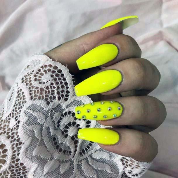 Bright Neon Yellow Nails With Crystals For Women