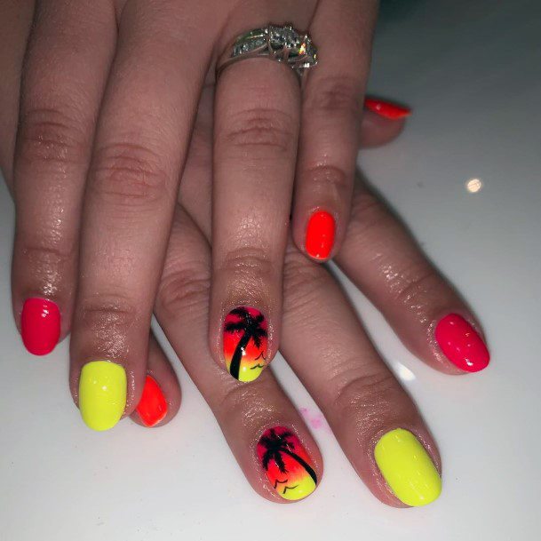 Bright Neon Yellow Orange Palm Tree Nail Decor For Ladies