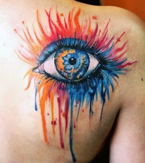 Bright Orange And Blue Colored Eye Tattoo For Women