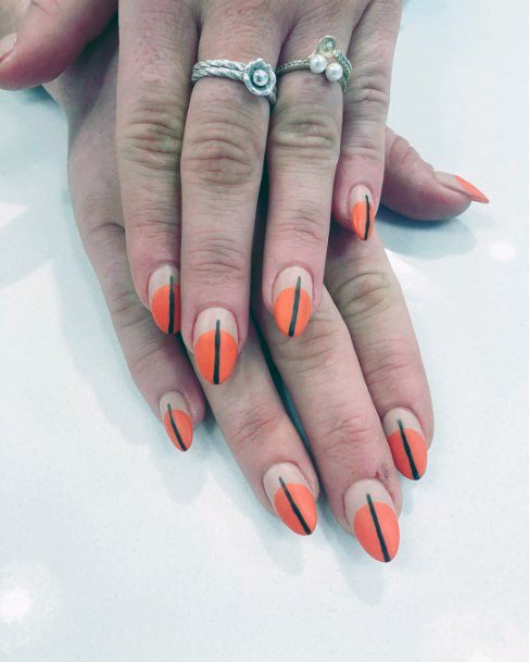 Bright Orange Black Stripe Nail Ideas For Ladies