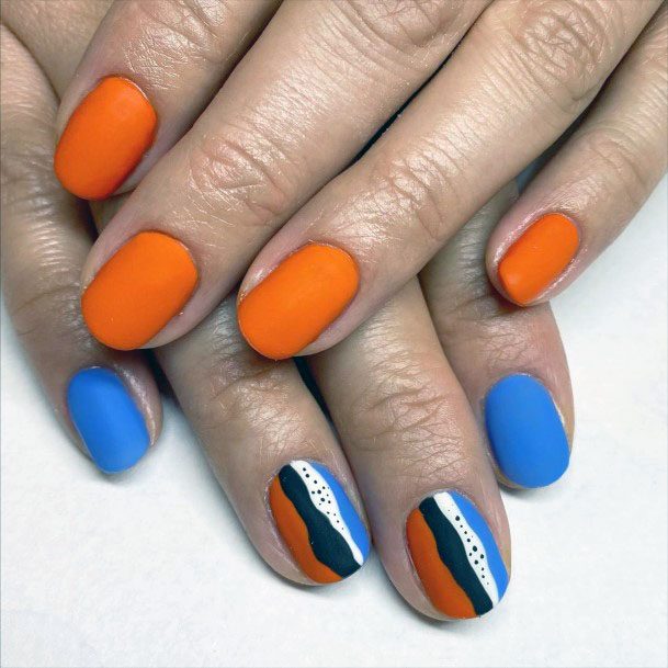 Bright Orange Blue Striped Nail Design For Women