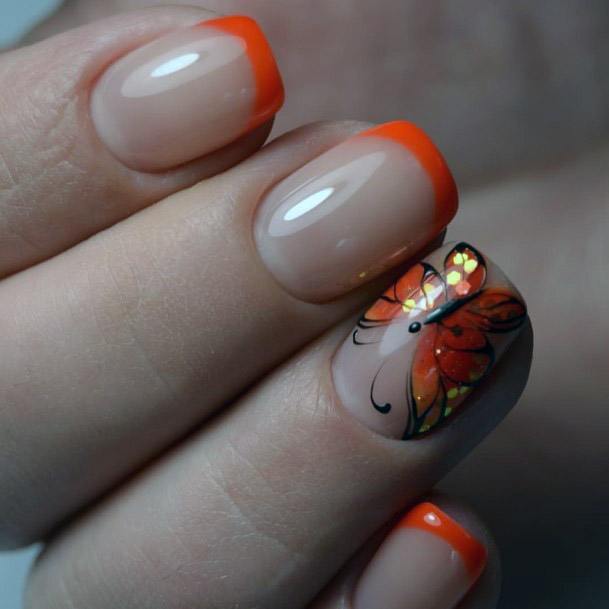 Bright Orange Butterfly Art Nails Women