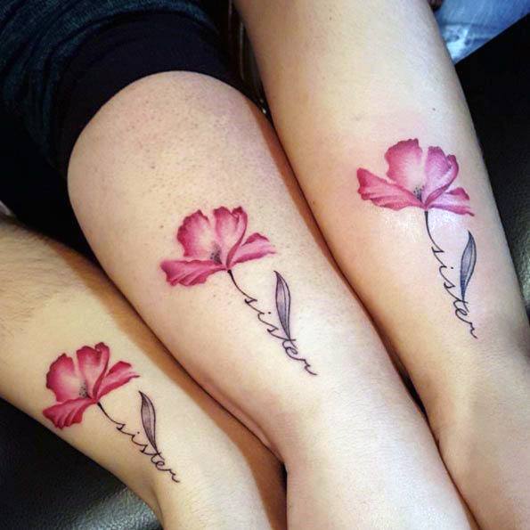 Bright Pink Blossom Sister Tattoo On Forearms Women