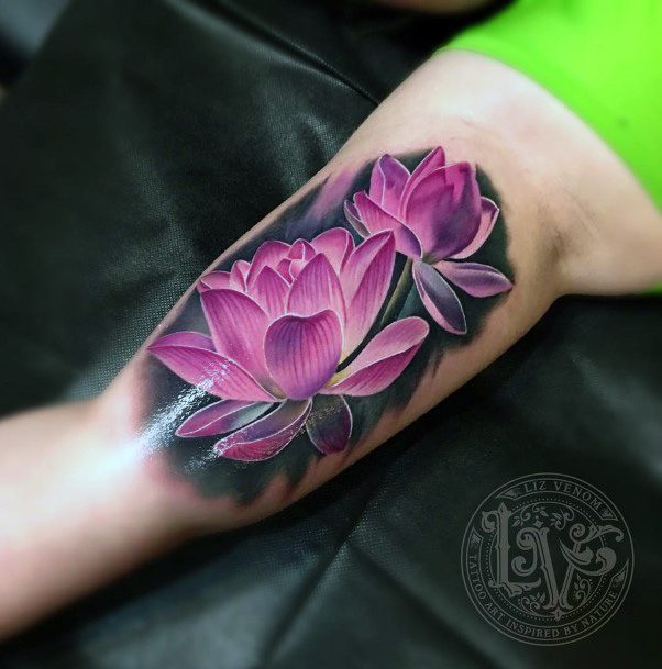 Bright Pink Lotus On Black Background Womens Arms