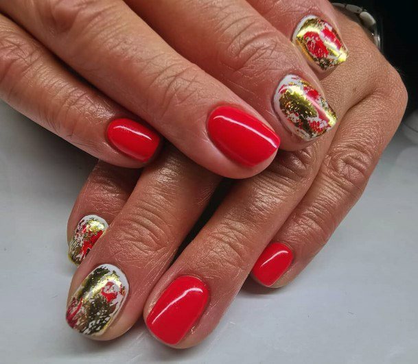 Bright Red And Gold Nails Women